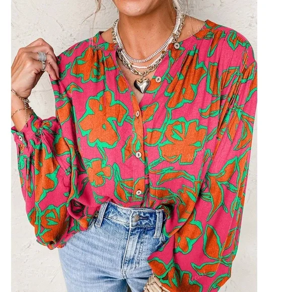 Boho Floral Print Vibrant Button Down Oversized Long sleeve Top - Picture 2 of 3